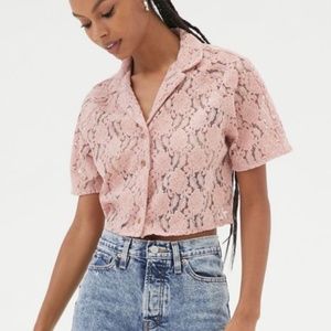 UO Noah Chenille Lace Floral Crop Boho Button-Down Blouse NWT